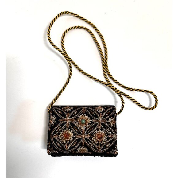 Vintage Embroidered Zardozi  Design Velvet Mini Crossbody Bag Braided‎ Strap - Picture 2 of 16